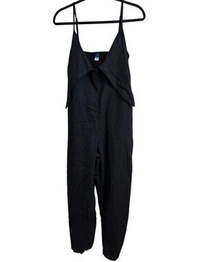 Old Navy Linen Blend Black Harem V Neck Smocked Wide Leg Jumpsuit with Pockets M